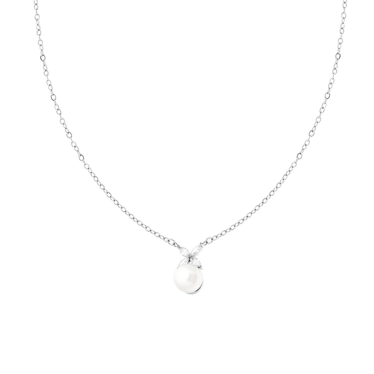 Collana Catena Forzatina Diamantata con Perla e Fiore con Crystal Bianchi in ACCIAIO