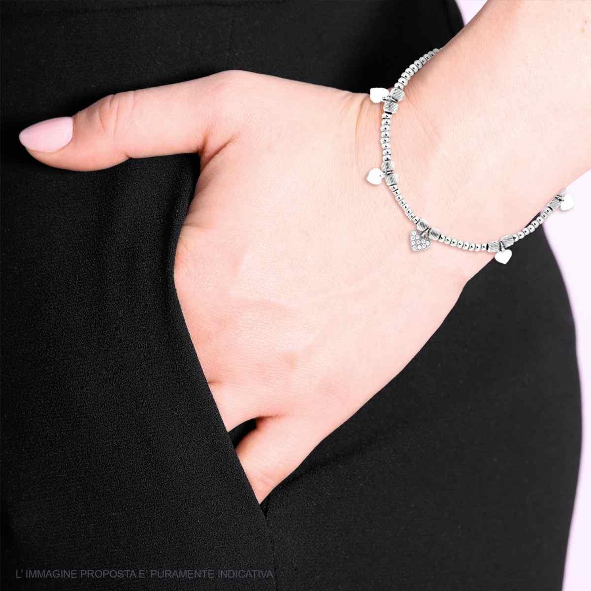 Bracciale Catena Palline con Cuori plain e Crystal Bianchi pendenti in ACCIAIO