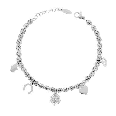 Bracciale Catena Ovali Martellati con Cuore Quadrifoglio Mano di Fatima Ferro di Cavallo e Occhio Charms e Crystal Bianchi in ACCIAIO
