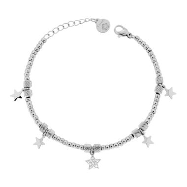 Bracciale Catena Palline con Stelle plain e Crystal Bianchi pendenti in ACCIAIO