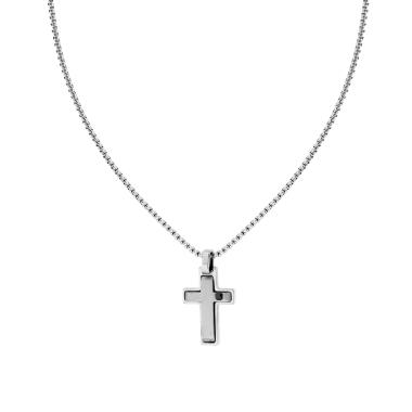 Collana Catena Veneziana Tonda con Croce e Crystal Nero in ACCIAIO