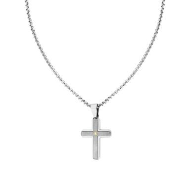 Collana Catena Veneziana Tonda con Croce e Crystal Bianco in ACCIAIO