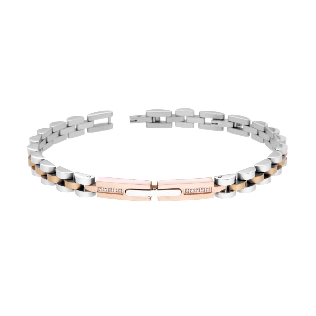 Bracciale Uomo Catena Imperniata con Targa Rosa e Crystal Bianchi in ACCIAIO