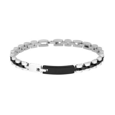 Bracciale Uomo Catena Imperniata con Maglia e Targa Nera con Crystal Nero in ACCIAIO
