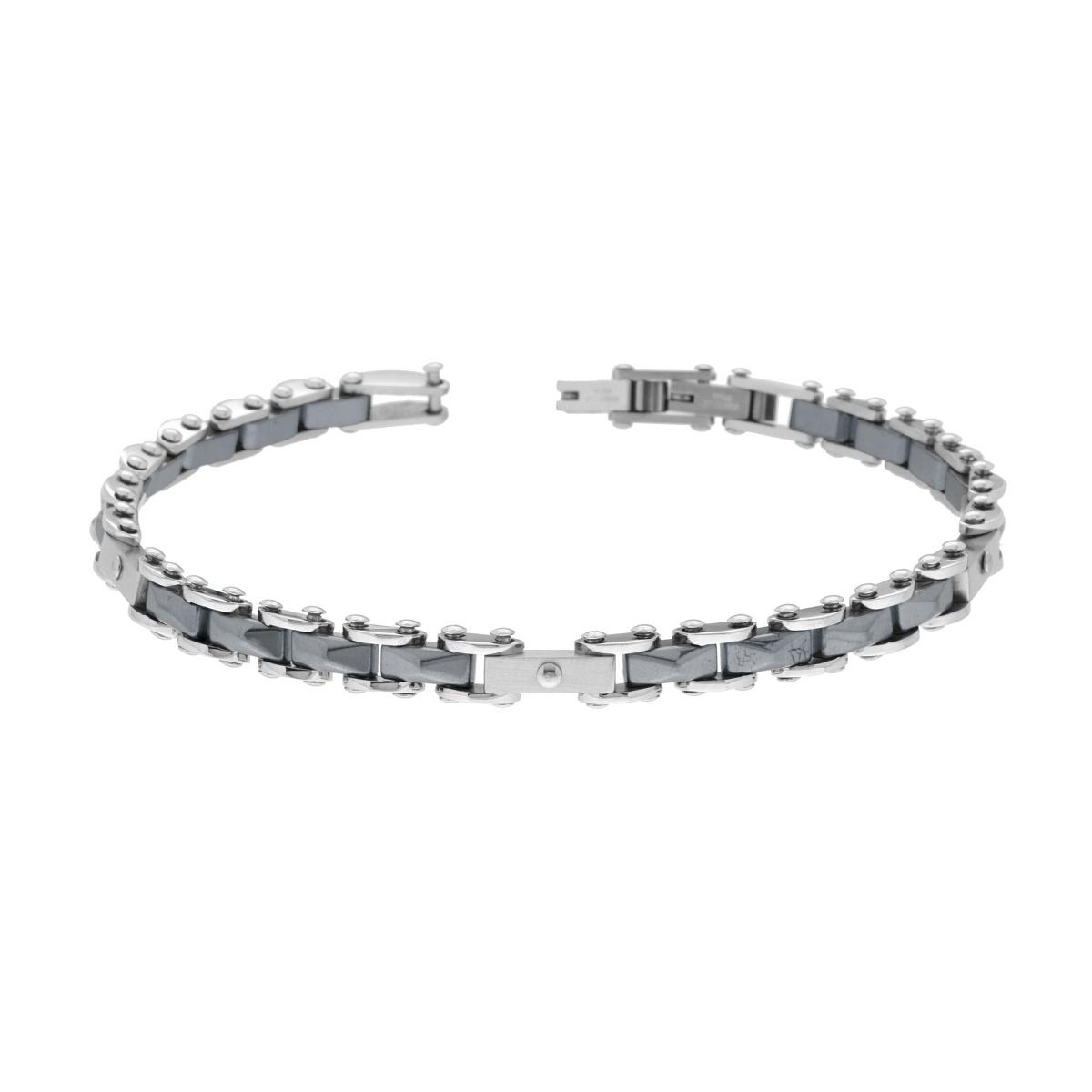 Bracciale Uomo Catena Imperniata con Ceramica color Antracite Bugnata in ACCIAIO