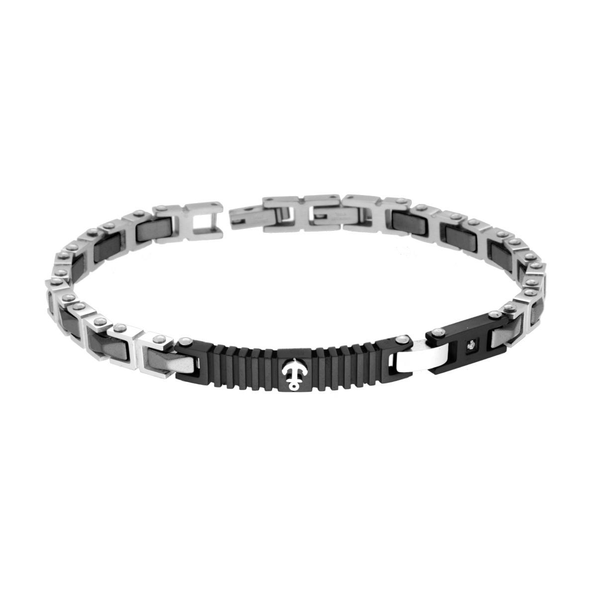 Bracciale Uomo Catena Imperniata con Ceramica e Targa colore Nero con Crystal Bianco e Ancora in ACCIAIO