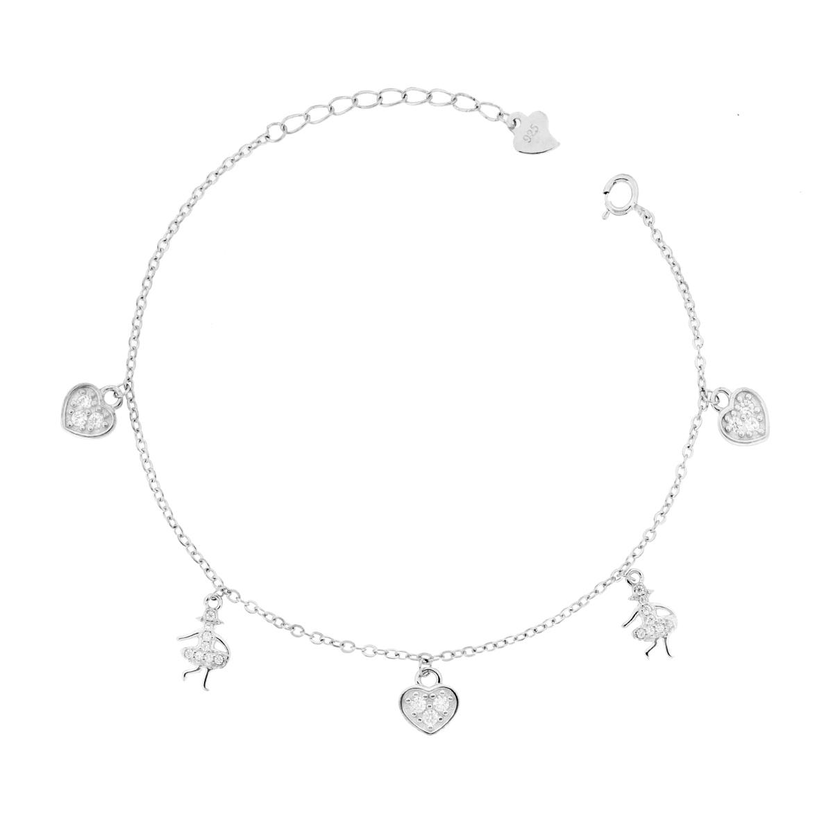 Bracciale Catena Forzatina Diamantata con Cuori e Ballerine e Cubic Zirconia Bianchi in ARGENTO 925 Galvanica Rodio