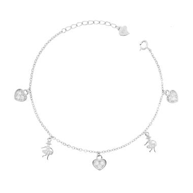 Bracciale Catena Forzatina Diamantata con Cuori e Ballerine e Cubic Zirconia Bianchi in ARGENTO 925 Galvanica Rodio