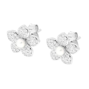 Orecchini Fiore con Cubic Zirconia Bianchi e Perla in ARGENTO 925 Galvanica Rodio