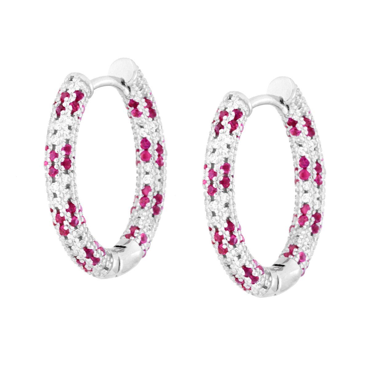 Orecchini Cerchio Creola con Cubic Zirconia Rosso Rubino e Bianchi in ARGENTO 925 Galvanica Rodio