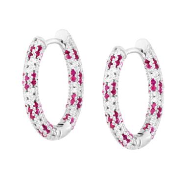 Orecchini Cerchio Creola con Cubic Zirconia Rosso Rubino e Bianchi in ARGENTO 925 Galvanica Rodio