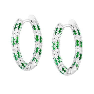 Orecchini Cerchio Creola con Cubic Zirconia Verde Smeraldo e Bianchi in ARGENTO 925 Galvanica Rodio
