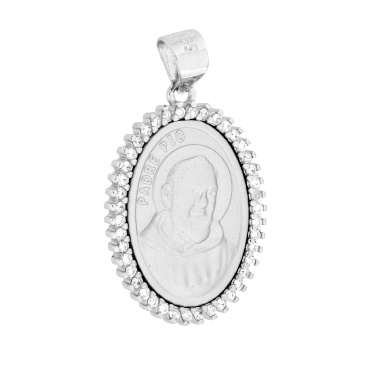 Ciondolo Medaglietta Padre Pio con Cubic Zirconia Bianchi in ARGENTO 925 Galvanica Rodio