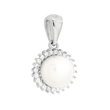 Ciondolo Perla contornata con Cubic Zirconia Bianchi in ARGENTO 925 Galvanica Rodio