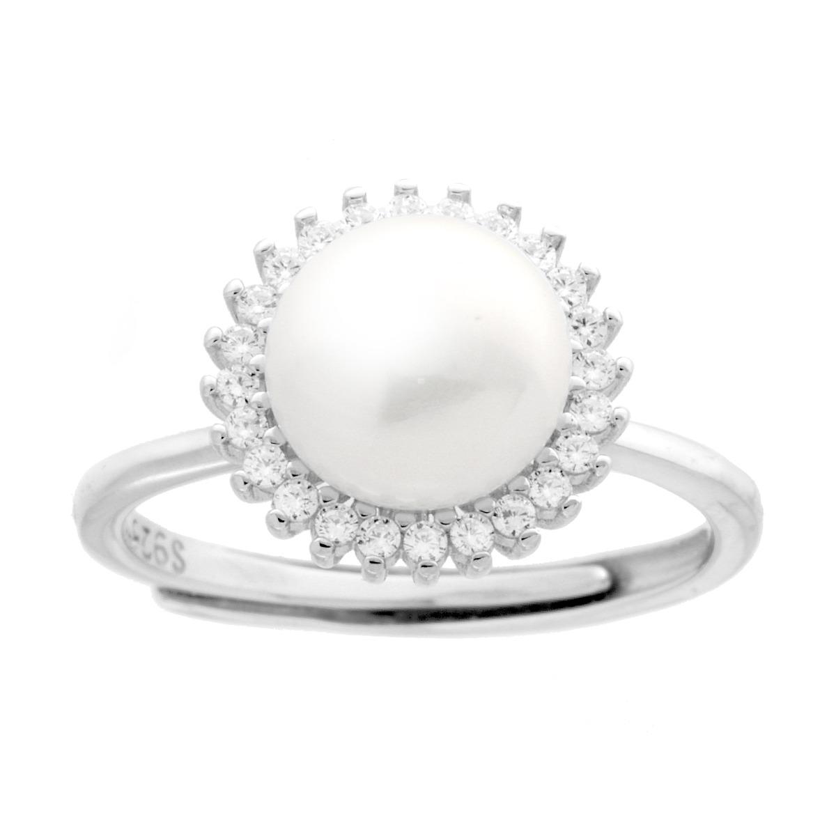 Anello Perla contornata da Cubic Zirconia Bianchi in ARGENTO 925 Galvanica Rodio