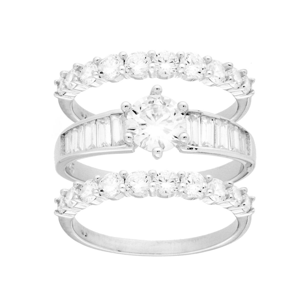 Anello doppia Veretta e Solitario con Cubic Zirconia Bianchi in ARGENTO 925 Galvanica Rodio