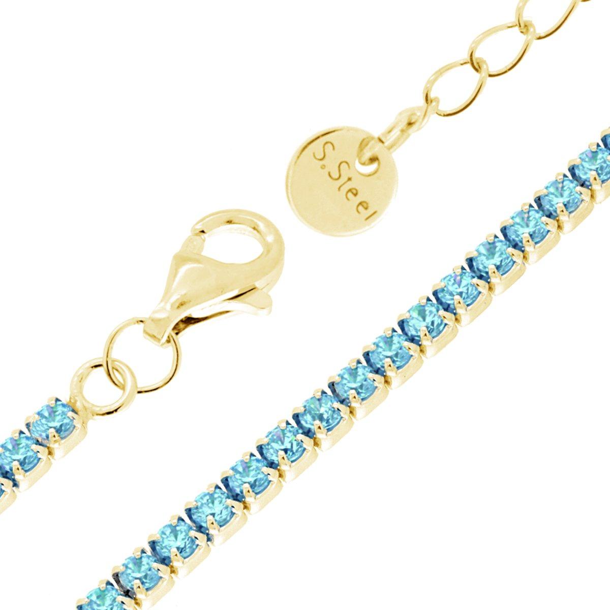 Bracciale Tennis Griffe cm 17+5 con Crystal mm 2 Acquamarina in ACCIAIO colore Oro