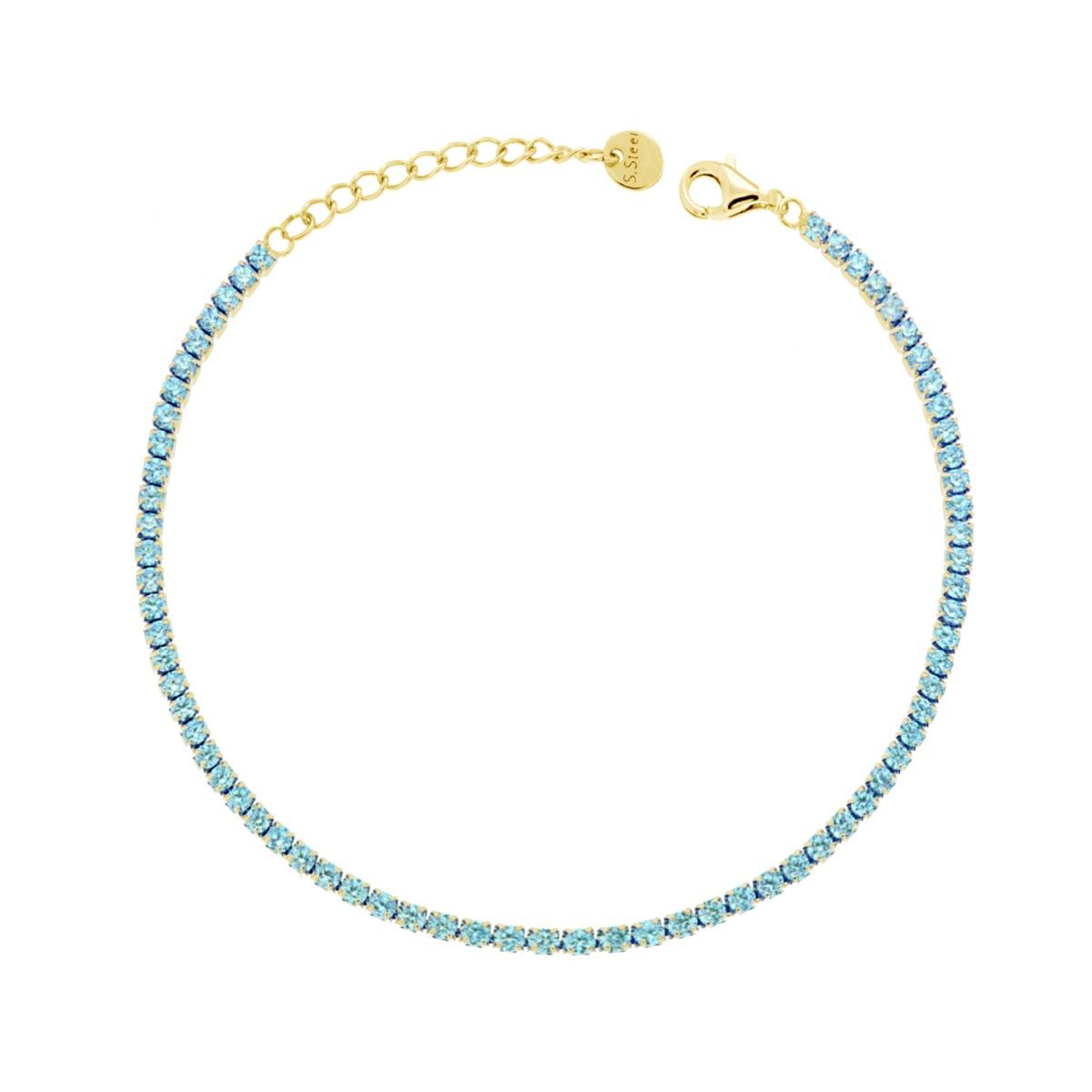 Bracciale Tennis Griffe cm 17+5 con Crystal mm 2 Acquamarina in ACCIAIO colore Oro