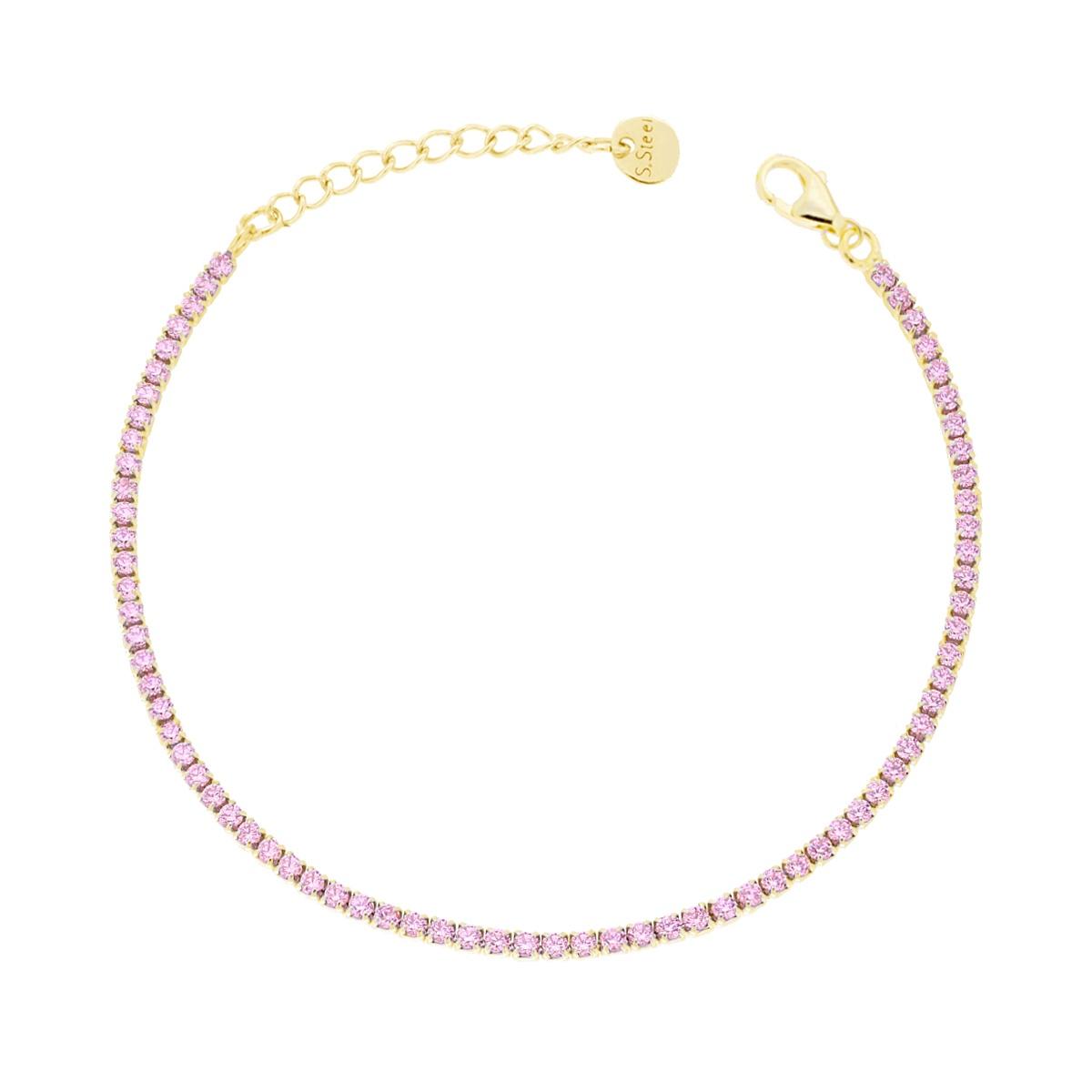 Bracciale Tennis Griffe cm 17+5 con Crystal mm 2 Rosa in ACCIAIO colore Oro