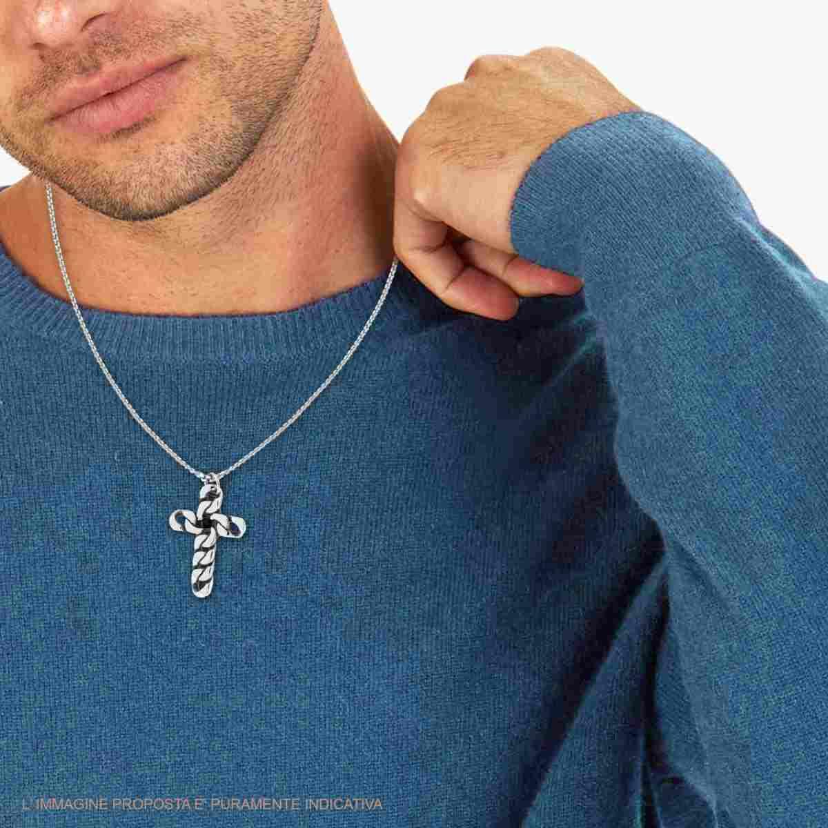 Collana Catena Veneziana Tonda con Croce Grumetta e Crystal Nero in ACCIAIO