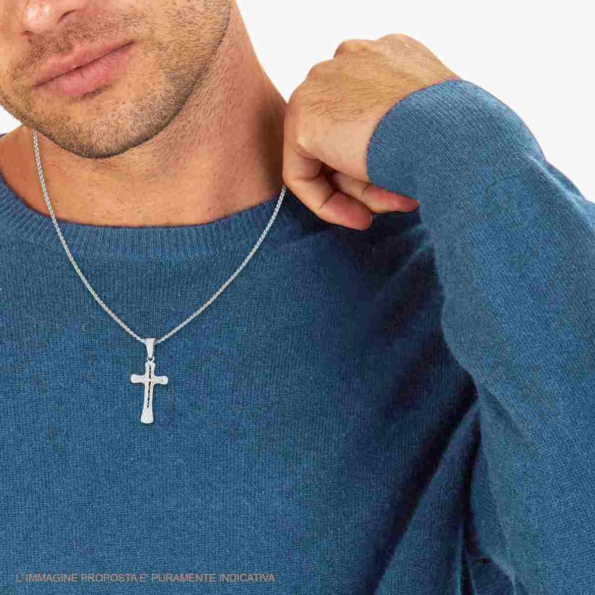 Collana Catena Veneziana Tonda con Croce con decoro Geometrico sormontata da Croce lucida in ACCIAIO