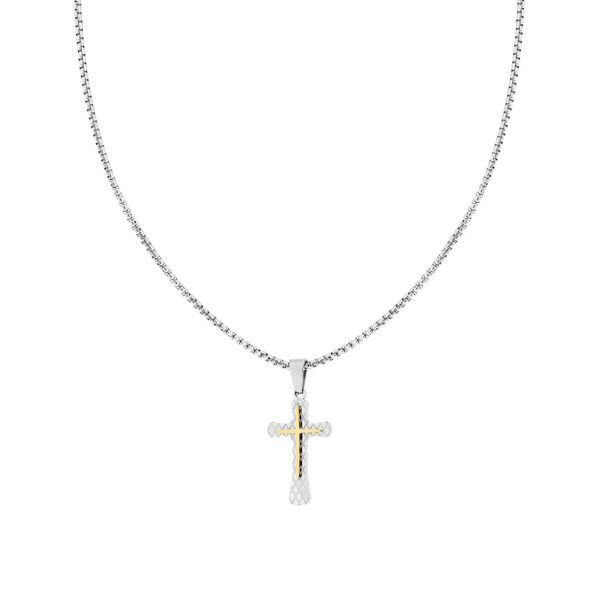 Collana Catena Veneziana Tonda con Croce con decoro Geometrico sormontata da Croce colore Oro in ACCIAIO