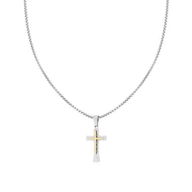 Collana Catena Veneziana Tonda con Croce con decoro Geometrico sormontata da Croce colore Oro in ACCIAIO