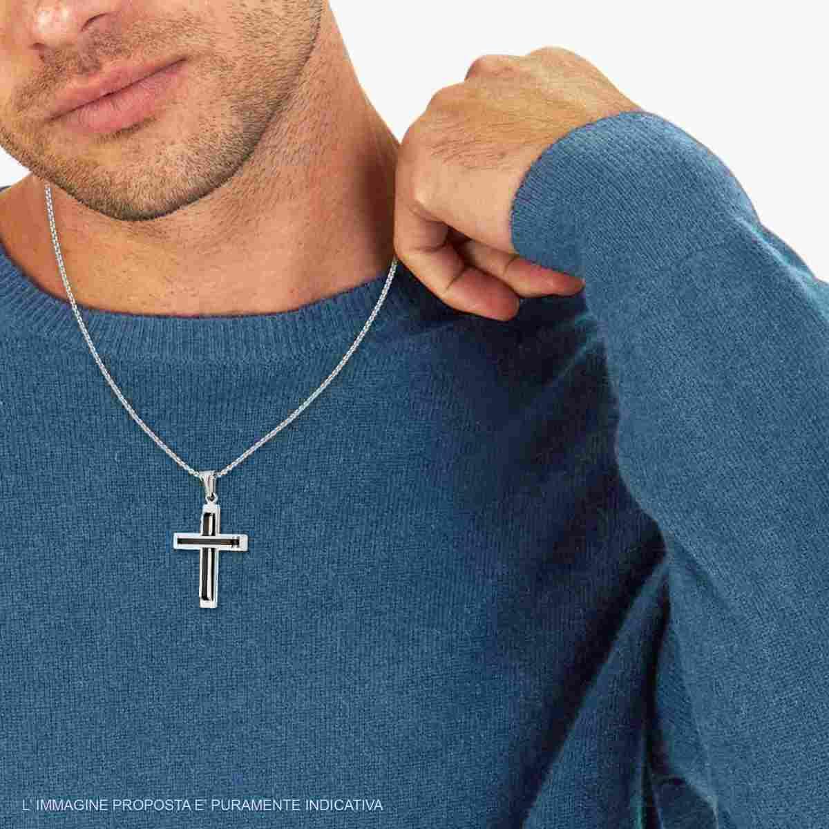 Collana Catena Veneziana Tonda con Croce con Inserto color Nero in ACCIAIO