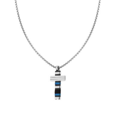 Collana Catena Veneziana Tonda con Croce con Dettagli colore Blu e Nero in ACCIAIO