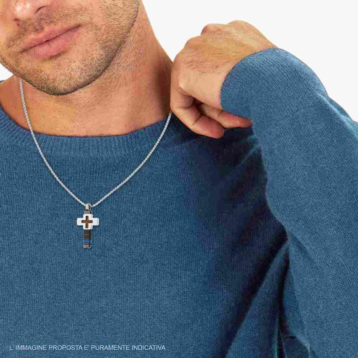 Collana Catena Veneziana Tonda con Croce con Dettagli colore Grigio e Blu e Inserto in Legno in ACCIAIO
