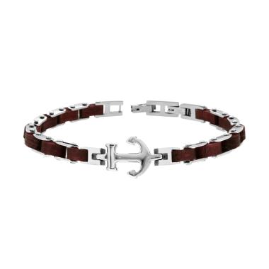 Bracciale Uomo Maglia Imperniata in Legno con Ancora in ACCIAIO