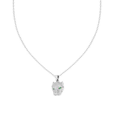 Collana Catena Forzatina Diamantata con Testa di Pantera e Crystal Bianchi e Verde Smeraldo in ACCIAIO