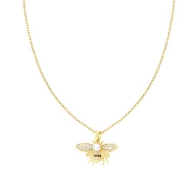 Collana Catena Forzatina Diamantata con Ape Perla e Crystal Bianchi in ACCIAIO colore Oro