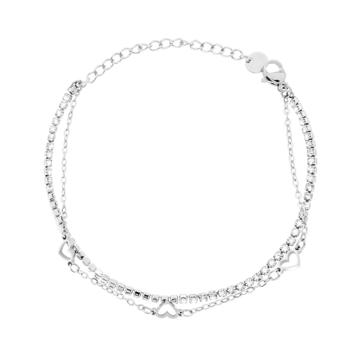 Bracciale due fili Catena Forzatina Diamantata con Cuori traforati e Tennis Crystal Bianchi in ACCIAIO