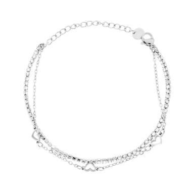 Bracciale due fili Catena Forzatina Diamantata con Cuori traforati e Tennis Crystal Bianchi in ACCIAIO
