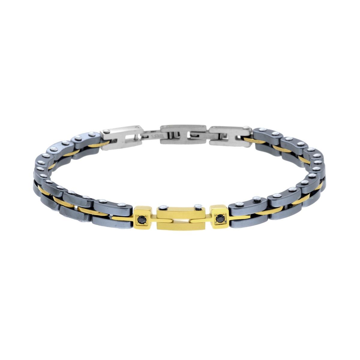Bracciale Uomo Maglia Imperniata in Ceramica Antracite e colore Oro con Crystal Neri in ACCIAIO