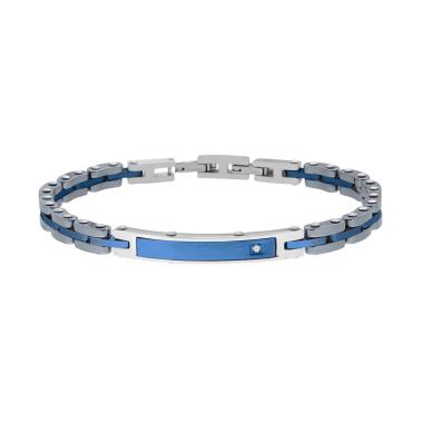 Bracciale Uomo Maglia Imperniata in Ceramica Antracite con Targa colore Blu e Crystal Bianco in ACCIAIO