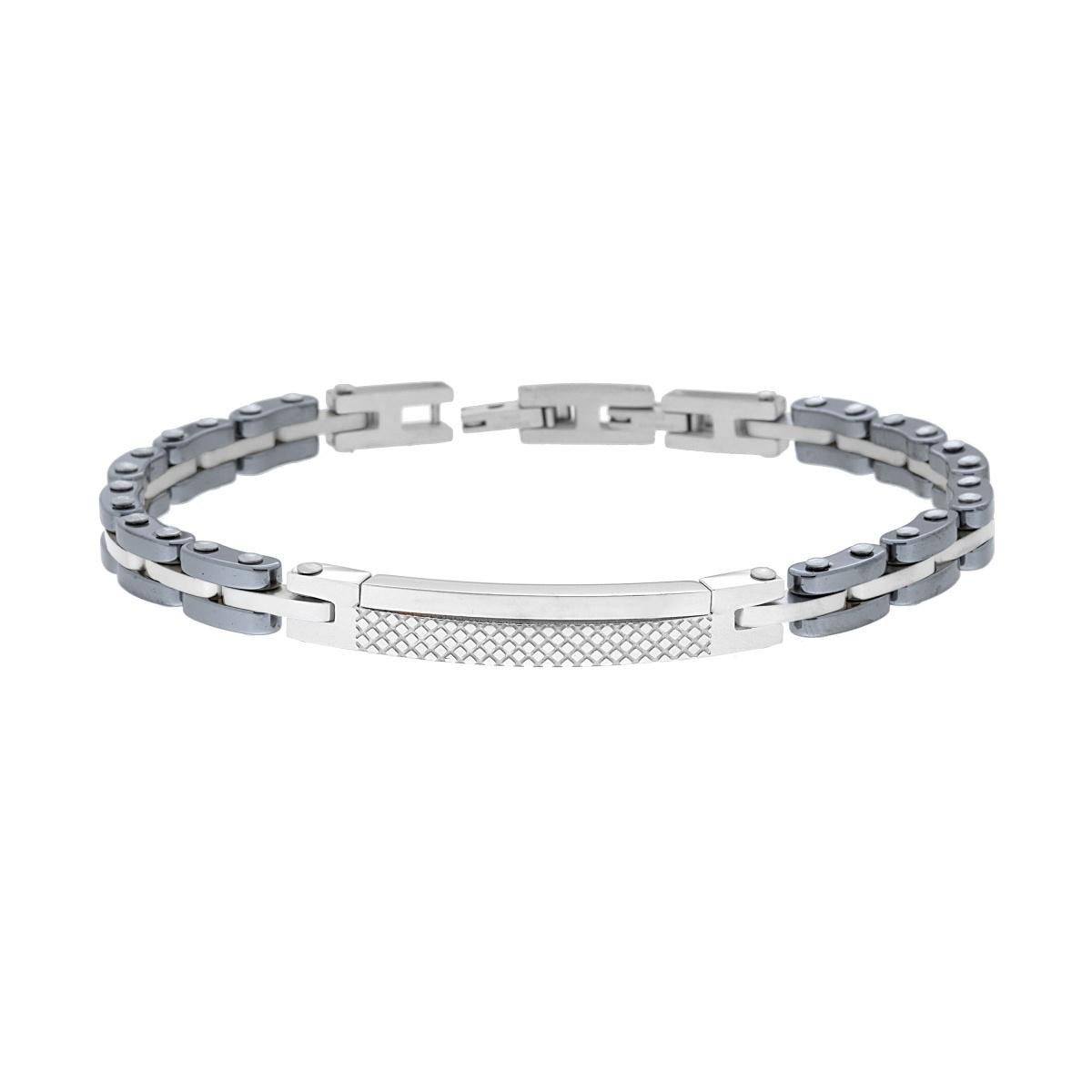 Bracciale Uomo Maglia Imperniata in Ceramica Antracite con Targa in ACCIAIO