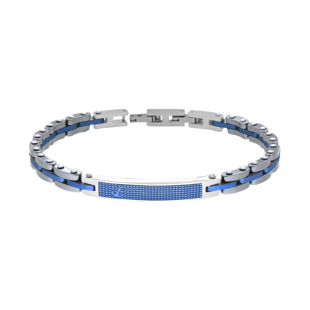 Bracciale Uomo Maglia Imperniata con Ceramica Antracite Targa Blu e Ancora in ACCIAIO