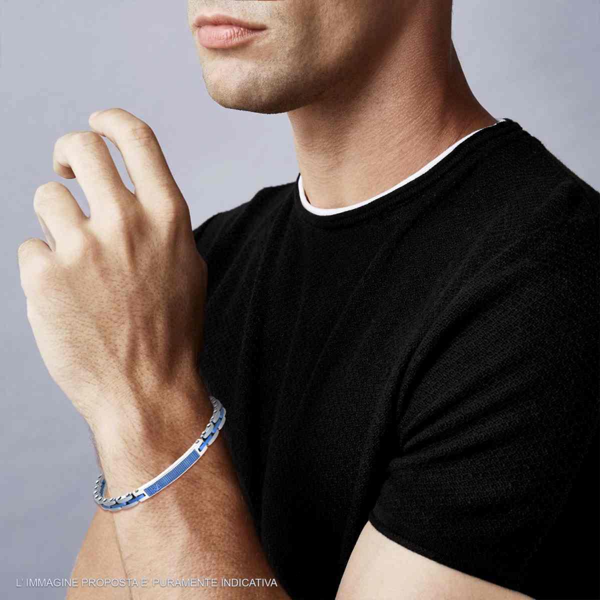 Bracciale Uomo Maglia Imperniata con Ceramica Antracite Targa Blu e Ancora in ACCIAIO