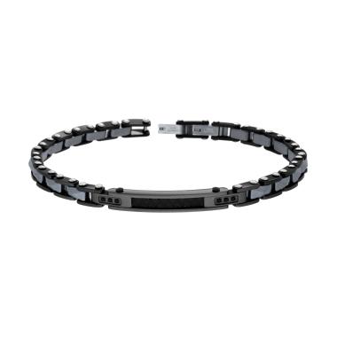 Bracciale Uomo Maglia Imperniata con Targa Nera e Ceramica Antracite Bugnata e Crystal Neri in ACCIAIO