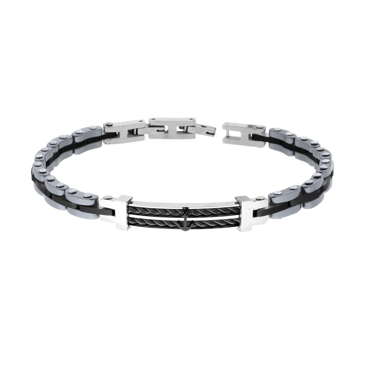 Bracciale Uomo Maglia Imperniata con Ceramica Antracite e Nero Targa con Ancora e Fune in ACCIAIO