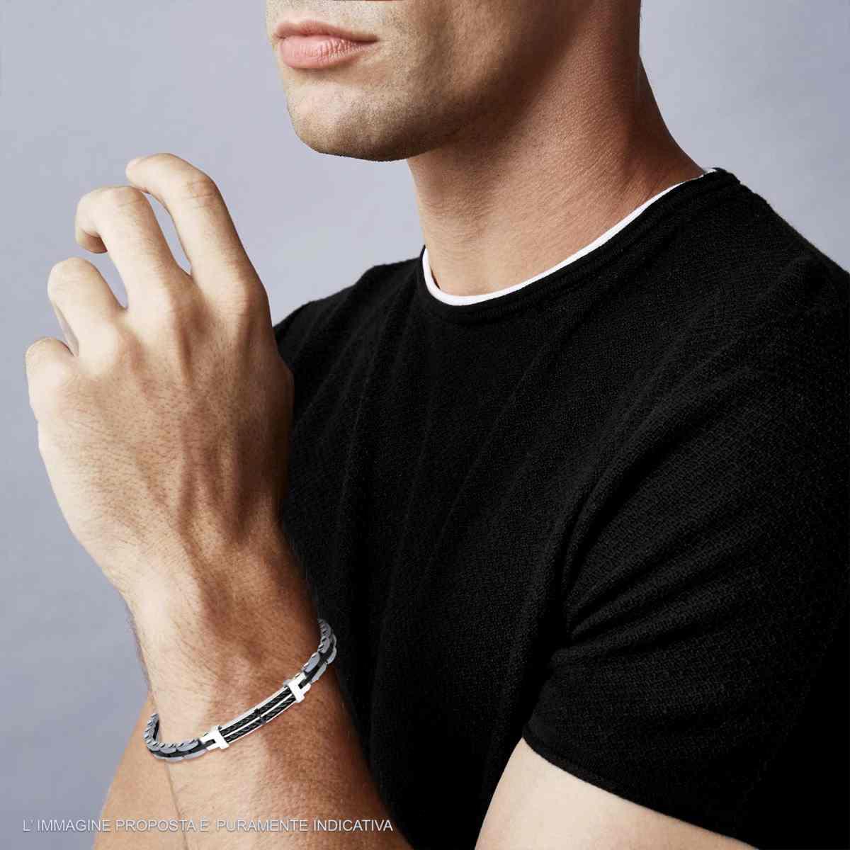 Bracciale Uomo Maglia Imperniata con Ceramica Antracite e Nero Targa con Ancora e Fune in ACCIAIO