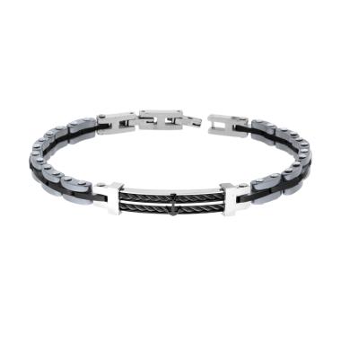 Bracciale Uomo Maglia Imperniata con Ceramica Antracite e Nero Targa con Ancora e Fune in ACCIAIO