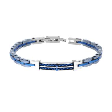 Bracciale Uomo Maglia Imperniata con Ceramica Antracite e Blu Targa con Ancora e Fune in ACCIAIO