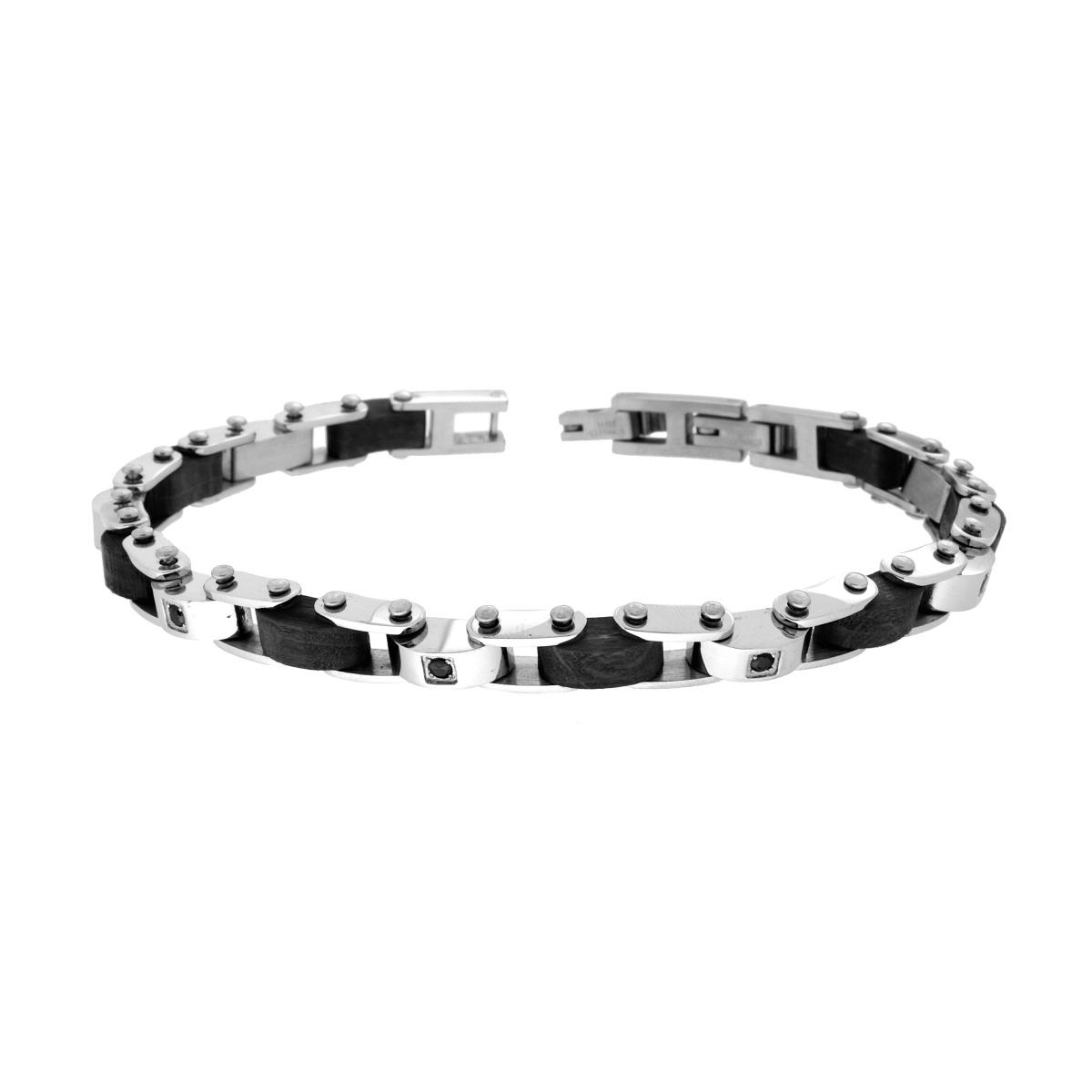 Bracciale Uomo Maglia Imperniata in Legno Nero con Crystal Neri in ACCIAIO