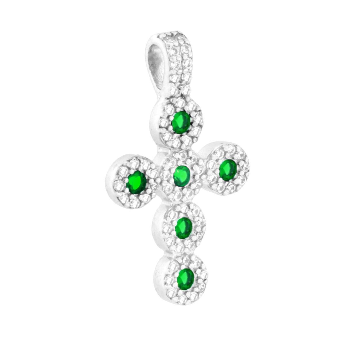 Ciondolo Croce con Cubic Zirconia Verde Smeraldo in ARGENTO 925 Galvanica Rodio