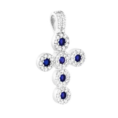 Ciondolo Croce con Cubic Zirconia Blu Zaffiro in ARGENTO 925 Galvanica Rodio