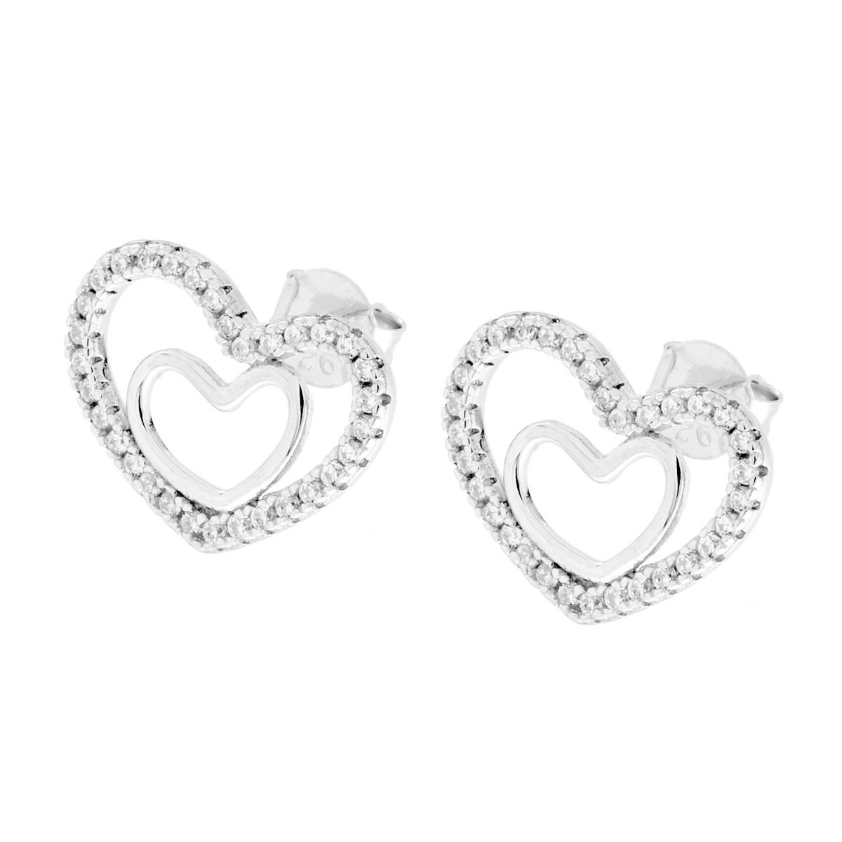Orecchini Cuori con Cubic Zirconia Bianchi in ARGENTO 925 Galvanica Rodio
