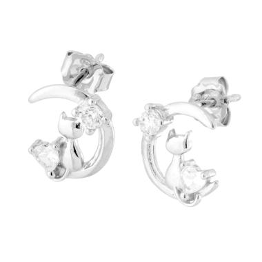 Orecchini Luna Gatto con Cubic Zirconia Bianchi in ARGENTO 925 Galvanica Rodio